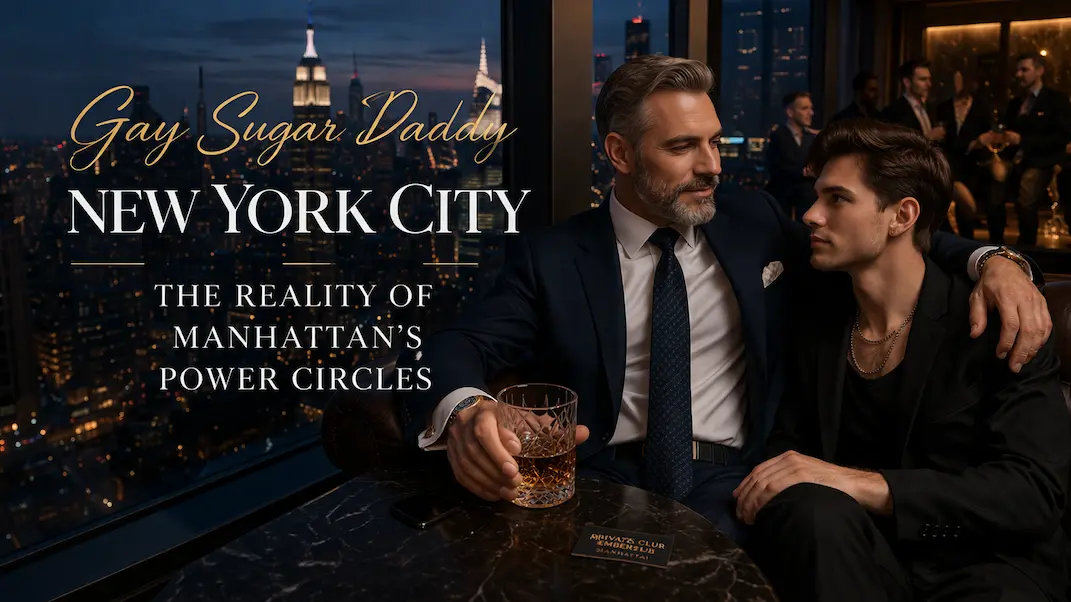 gay sugar daddy New York City scene in a high-end Manhattan private lounge overlooking the skyline