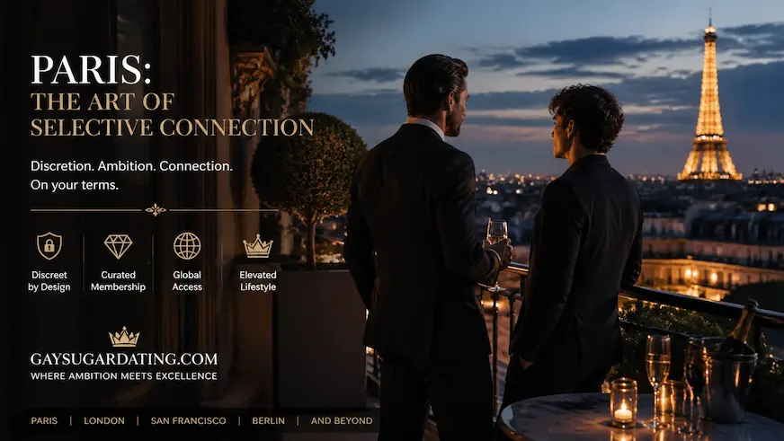 Sophisticated gay sugar daddy Paris mentorship at a private Seine-side terrace, emphasizing elite lifestyle, career empowerment, and high-value connection.