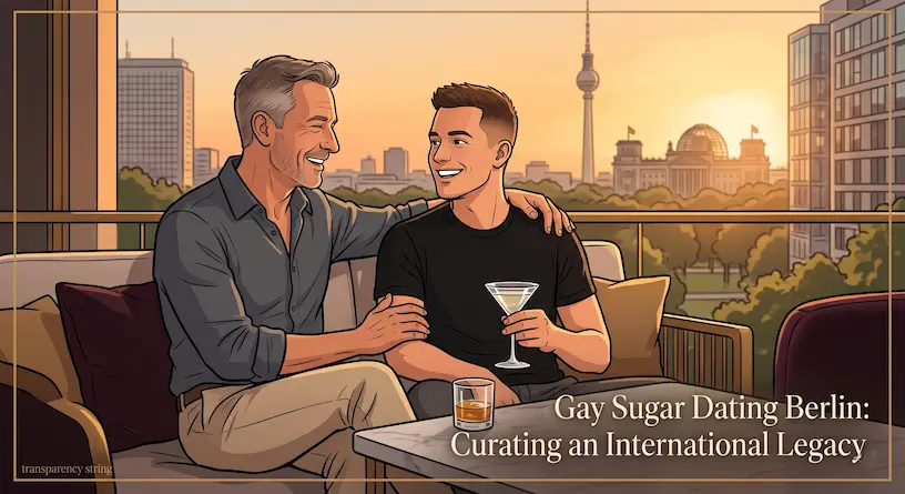 A sophisticated, intimate cartoon illustration of a gay sugar dating Berlin mentoring partnership on a luxury terrace during golden hour, emphasizing relaxation, connection, and international legacy.