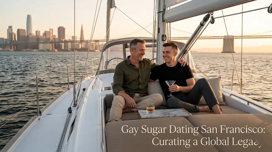 A sophisticated, intimate gay sugar dating San Francisco mentoring partnership on a luxury yacht during golden hour, emphasizing relaxation, connection, and global legacy.