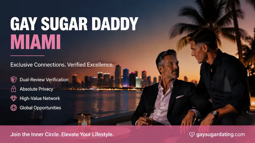 Gay sugar daddy Miami rooftop lounge with skyline, exclusive high-value connection scene